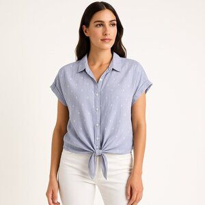 Cloth & Stone Cotton Tie-Front Button Top Chambray Coastal Grandma XL Blue